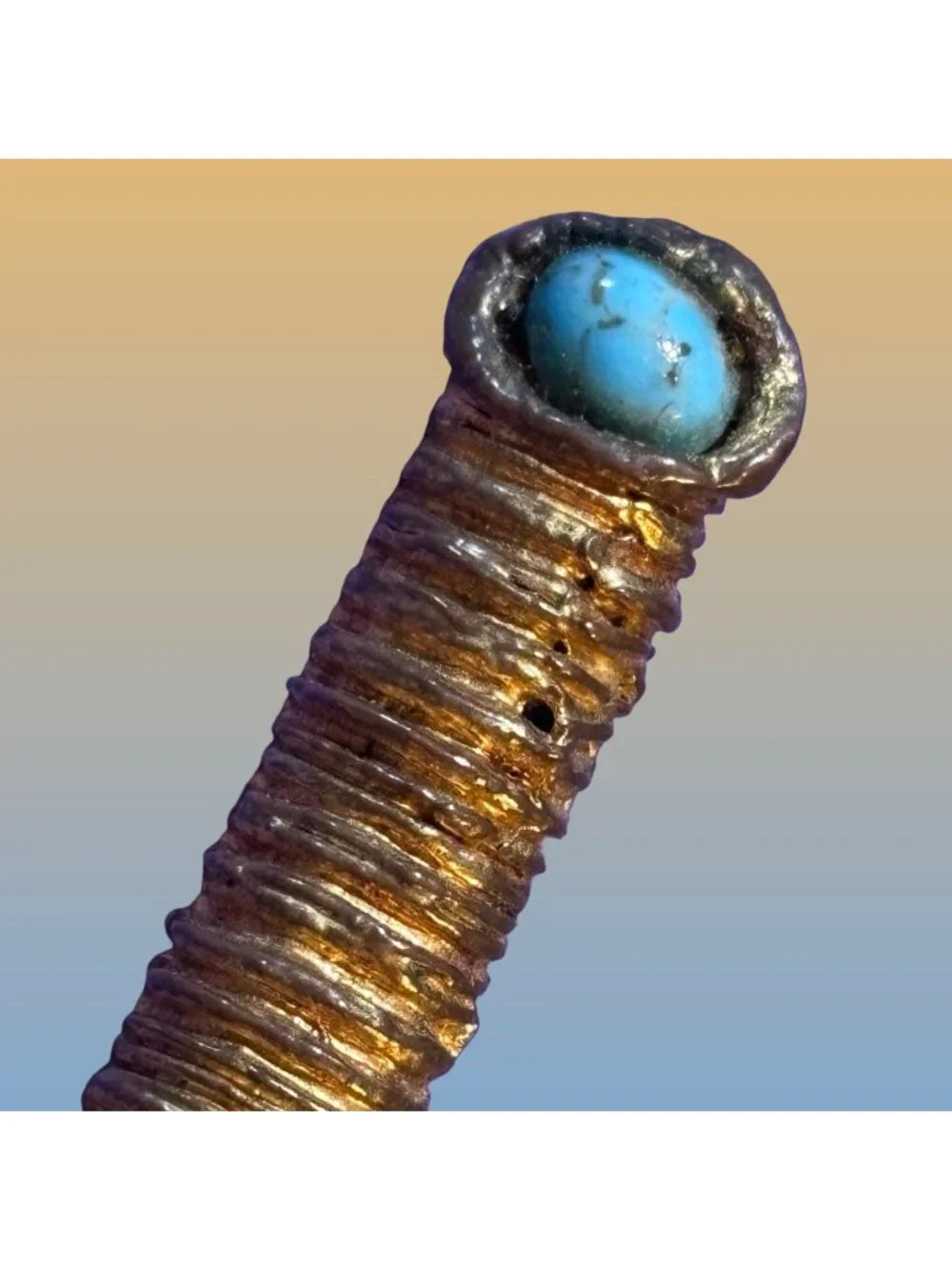 Gold Tone Turquoise Cabochons Rope-Like Texture Brooch Bar Pin Statement Vintage